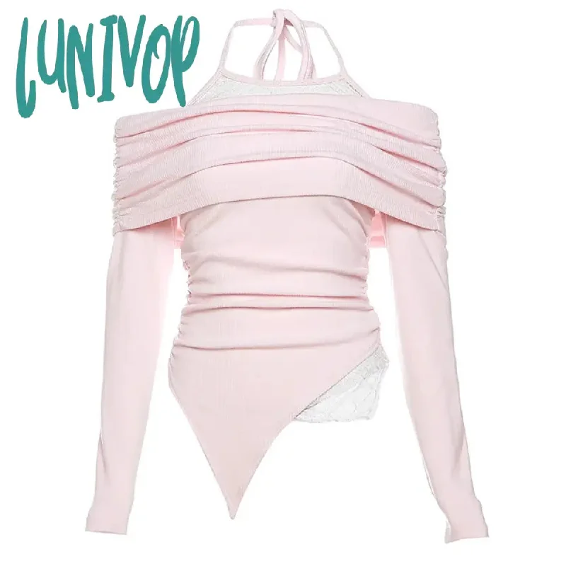 Lunivop New Y2k Aesthetic Vintage Lace Patchwork Women T-shirt Autumn Fashion Harajuku Asymmetry Tops Casual Trendy Bottoming Tee Femme