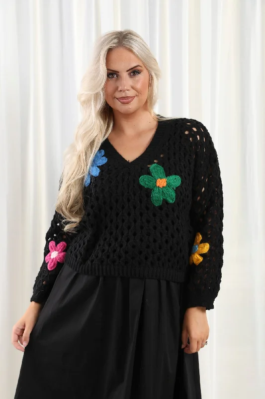 Tia Floral Open Knit Black