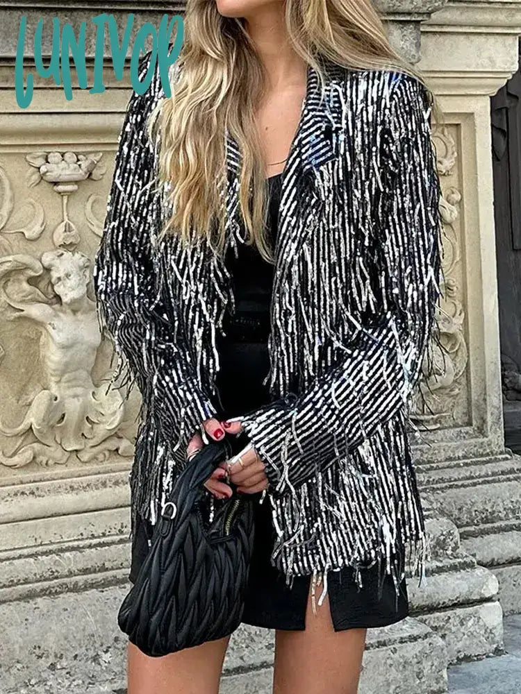 Lunivop Chic Silver Sequinned Fringe Blazer For Women Elegant Lapel Long Sleeve Button Fastening Coat 2024 Fashion Lady High Streetwear