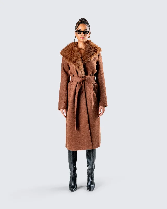 Hala Brown Faux Fur Trim Coat