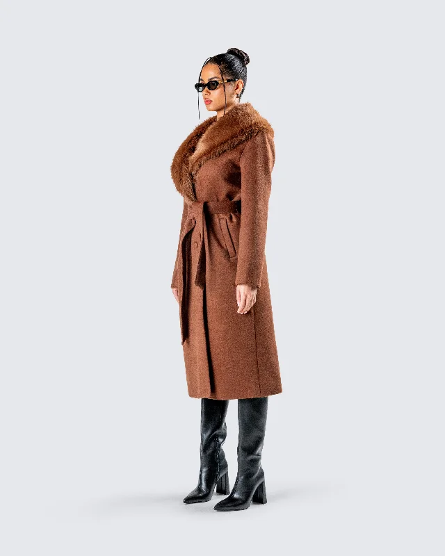 Hala Brown Faux Fur Trim Coat