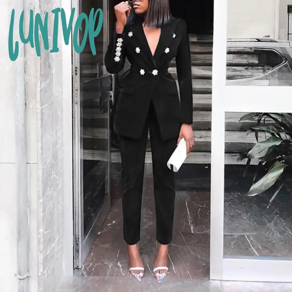 Lunivop  Elegant Two-pieces Women Blazer Suit Casual Streetwear Suits Female Blazer Set Office Ladies Women Coat Suit blue