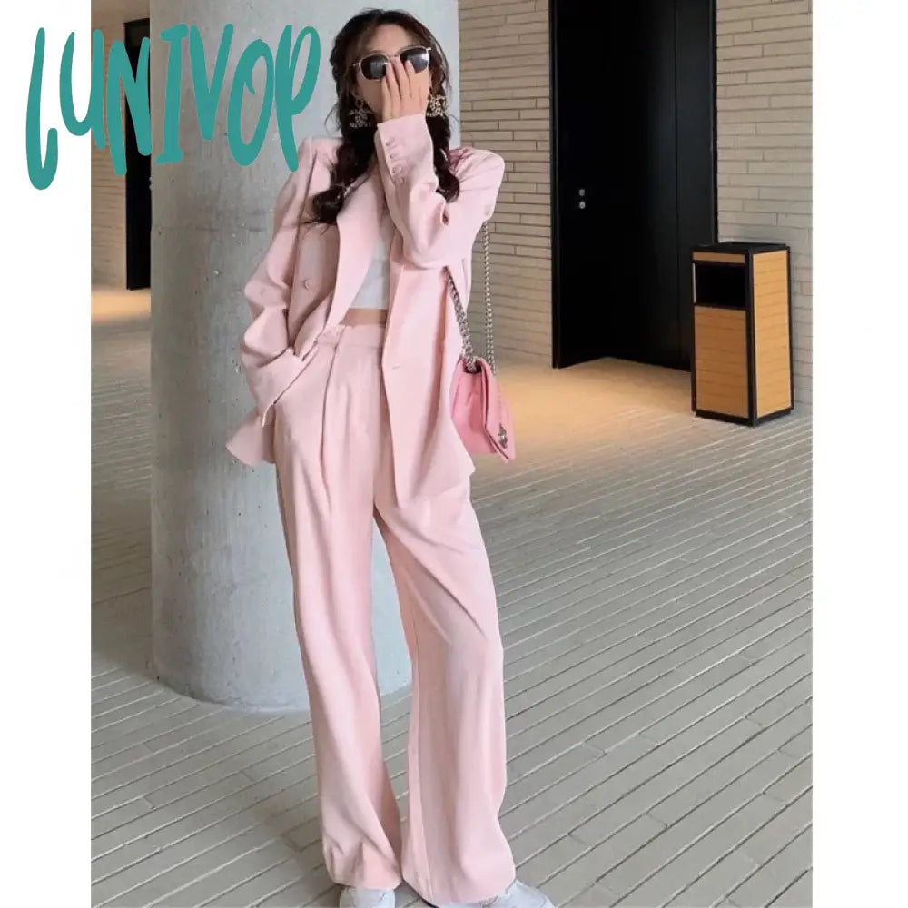 Lunivop Spring Winter Fashion Two Pieces Blazer and Pants Set for Women Pink Clothes Office Lady 2 Pieces Jacket Suit Streetwear Autumn